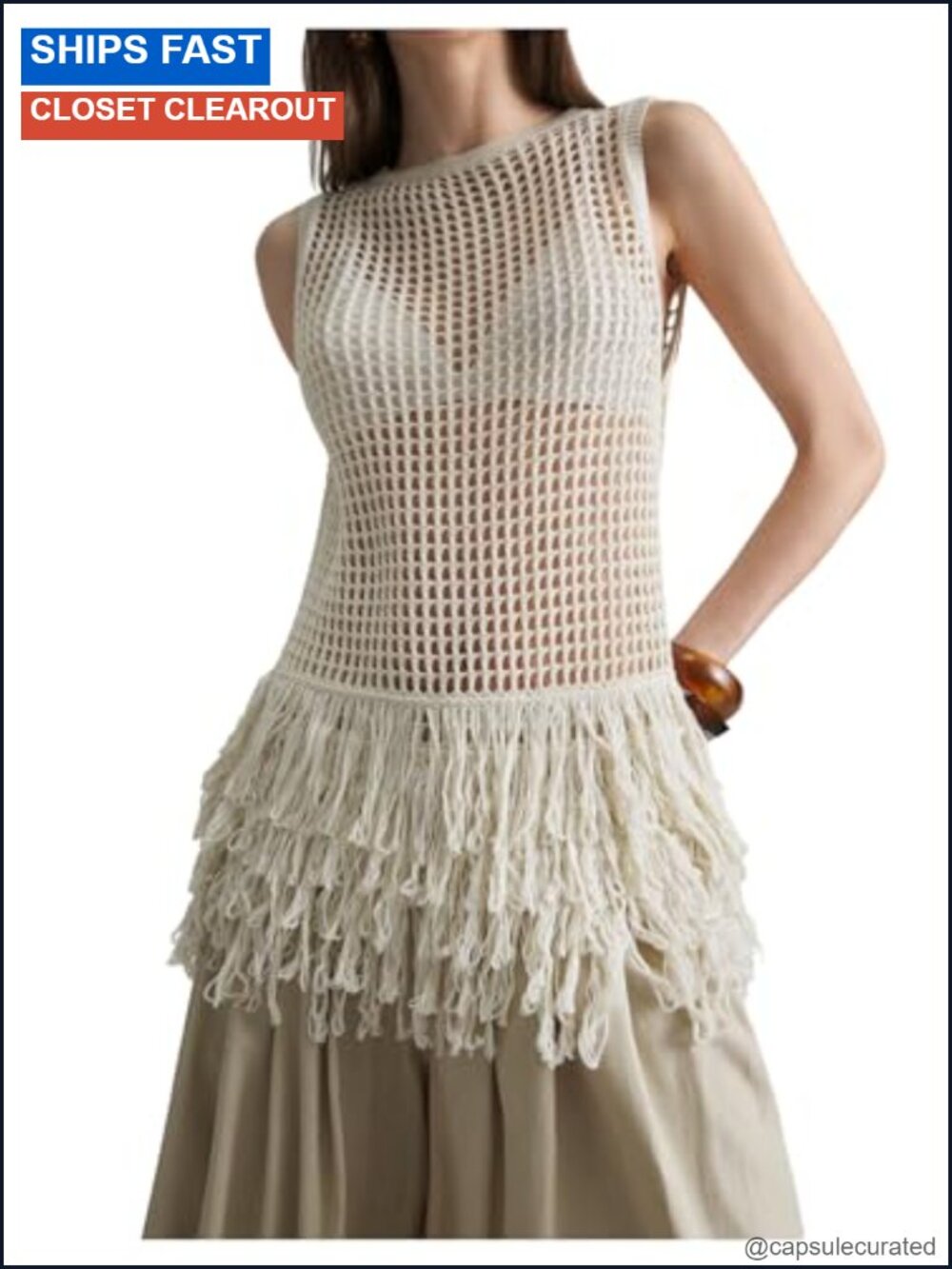 Crochet Hollow Out Fringe Tank Top Sleeveless Summer Sweater